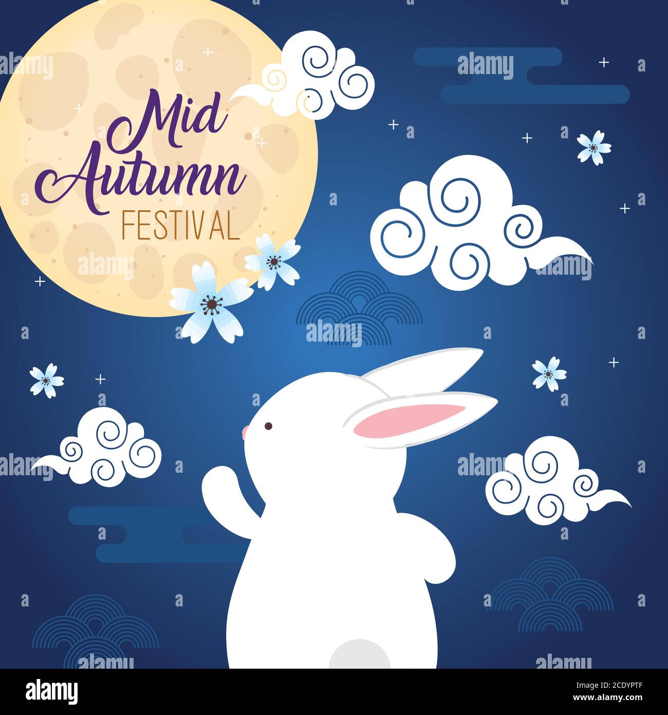 rabbit with moon flowers and clouds of happy mid autumn festival vector ...