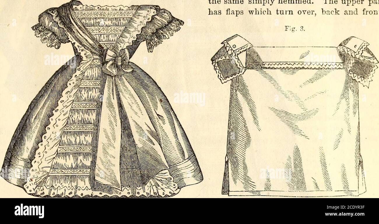 . Godey's lady's book . WORK DEPARTMENT. 179 A COMPLETE OUTFIT FOR THE NURSERY DEPARTMENT. Fig. 1.—Frock for a little girl between oneand two years of age. The frock is made ofwhite nansouk, and ornamented in front witha tablier formed of alternate rows of bouillonniand needle-work insertion. The front of the Fie. 1. round of lace there is a, frond of Brussels tulip.The border of the cap consists of three rows ofValenciennes, set on quillings, and intermingledwith rosettes of white satin ribbon. Fig. 3.—Infants shirt. Material, fine cam-bric. The trimming consists of narrow frills ofthe same s Stock Photo