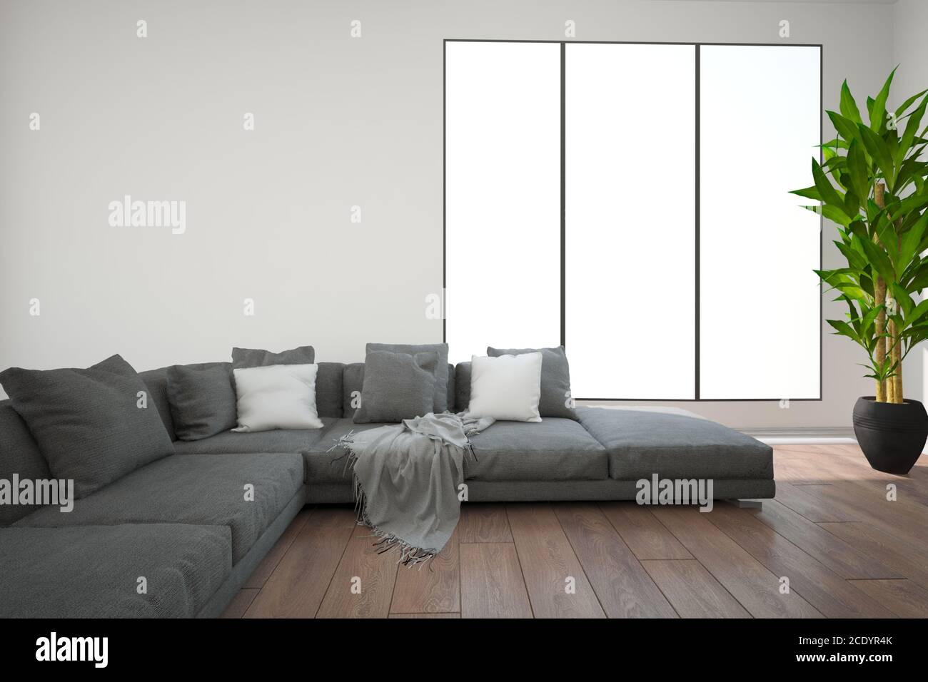 modern room with big sofa,pillows,plaid and plants interior design. 3D  illustration Stock Photo - Alamy