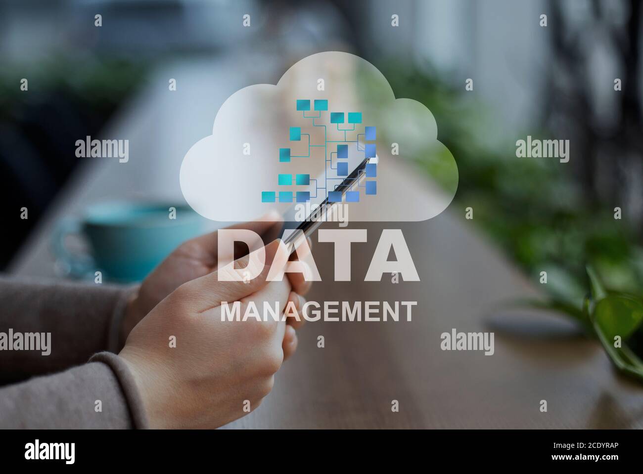 Data Management Concept. Collage With Woman Using Smartphone And Information Storage Cloud Stock Photo