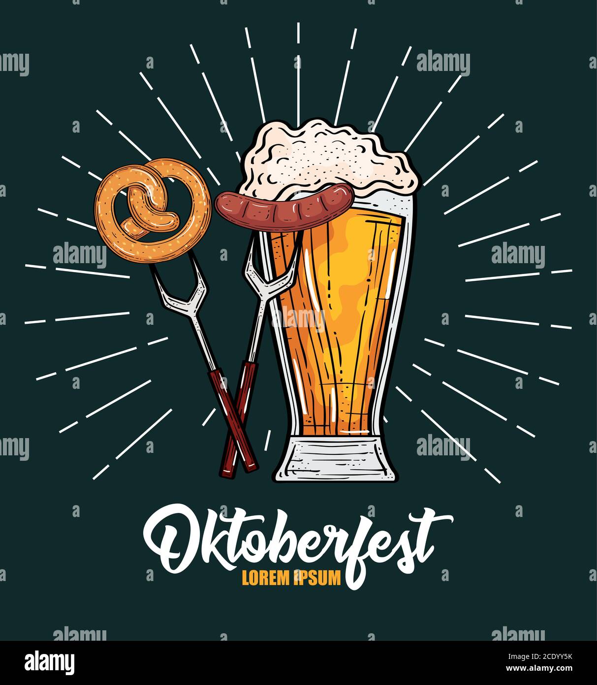 Oktoberfest beer glass pretzel and sausage on fork vector design Stock ...