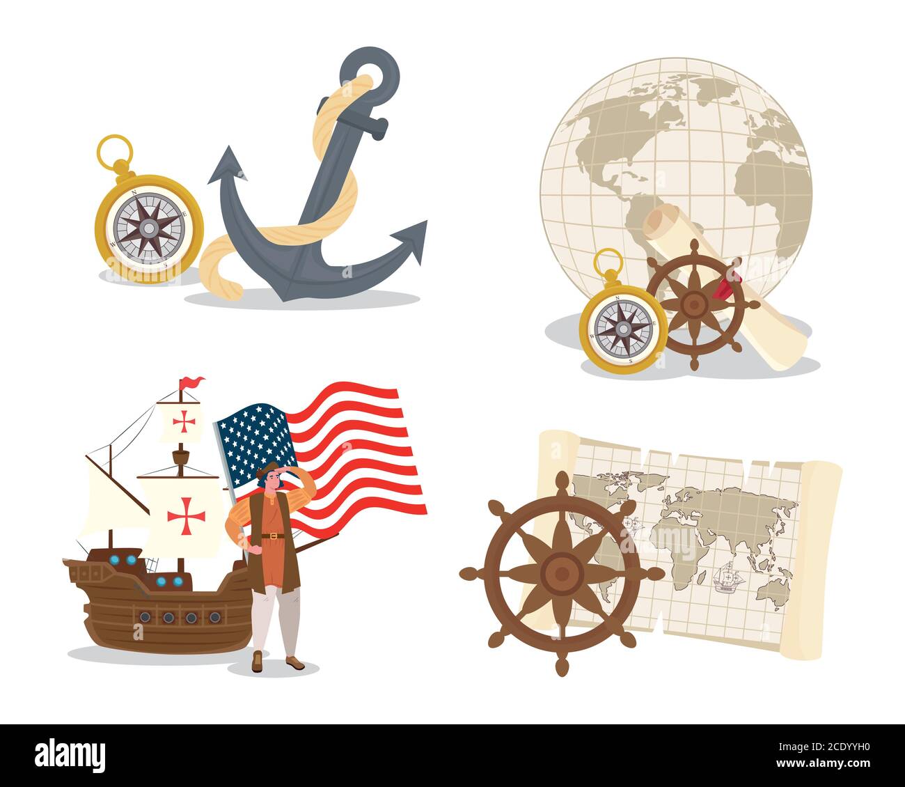 Christopher Columbus cartoon with ship and icon set vector design Stock Vector