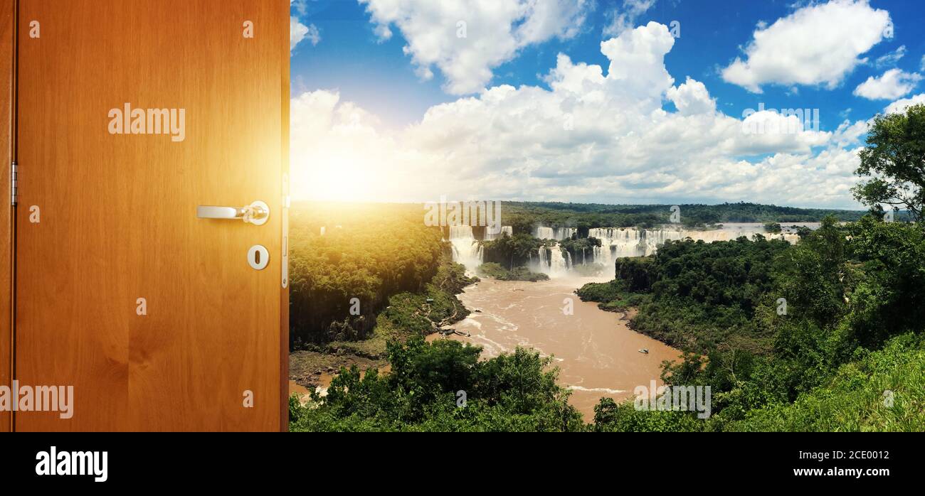 Waterfalls at background.. Travel concept image. Opening the door to a new special place. Stock Photo