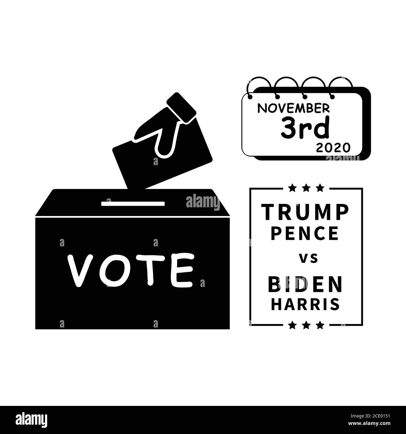 2020 US Presidential Election on November 3rd. Cast Voting Ballots Votes for Donald Trump and Mike Pence vs Joe Biden and Kamala Harris. Black and Whi Stock Vector