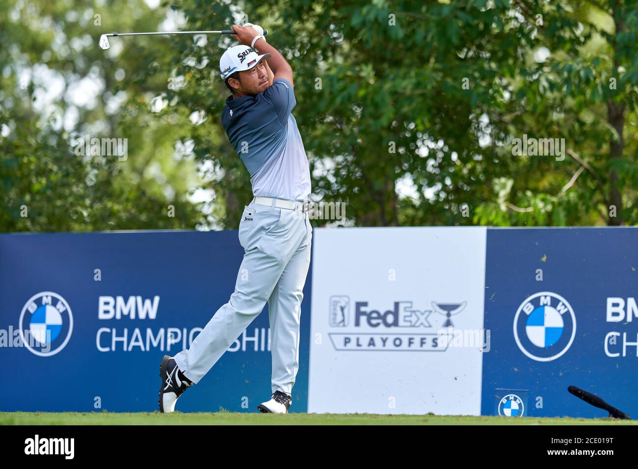 OLYMPIA FIELDS, IL - AUGUST 29: Hideki Matsuyama of Japan hits his tee shot at the 16th hole during the third round of the BMW Championship at Olympia Fields Country Club (North) Stock Photo