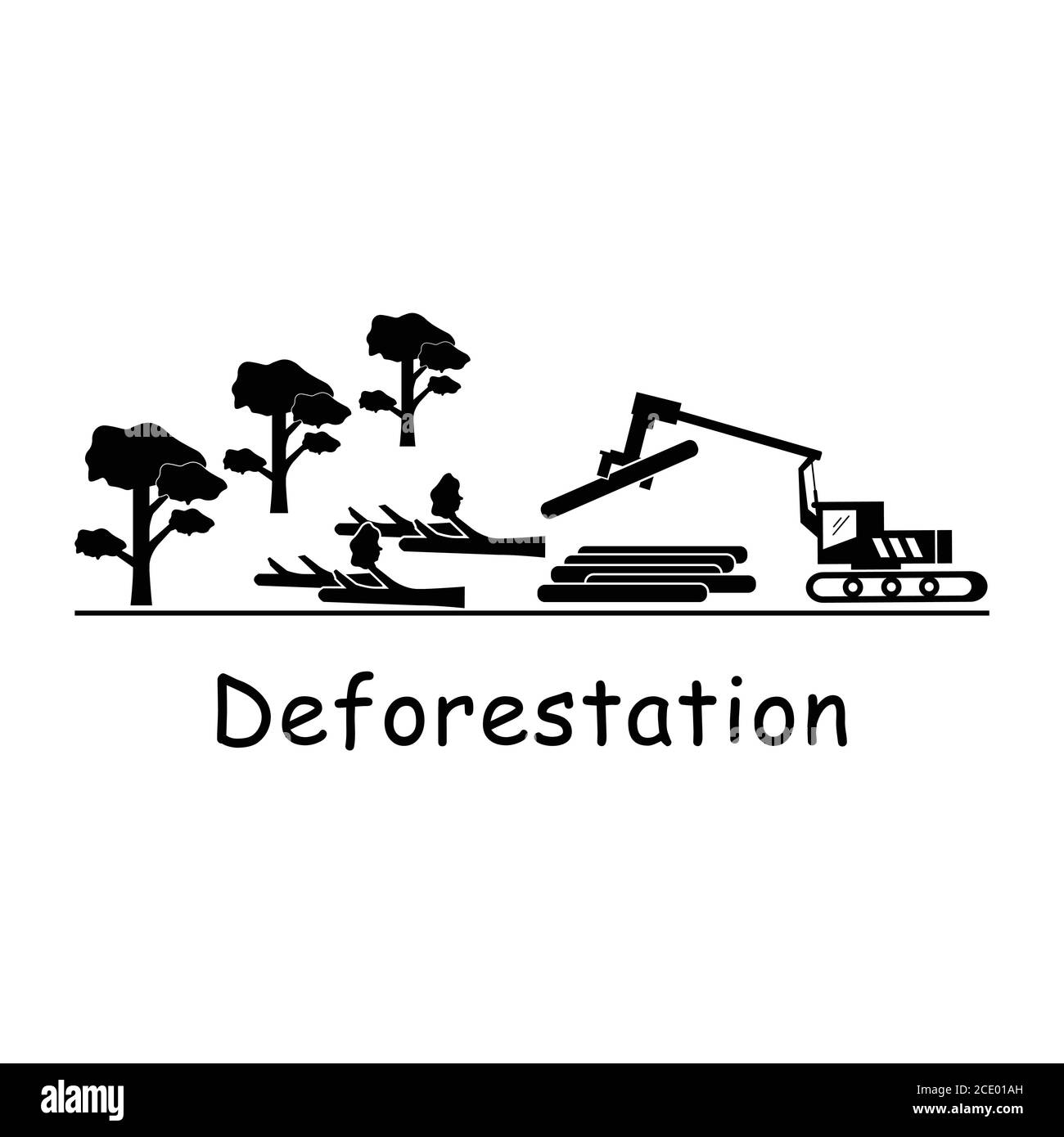 Deforestation Logging. Pictogram depicitng logger logging machine cutting down tress destroying environment deforestation logging. Black and white EPS Stock Vector