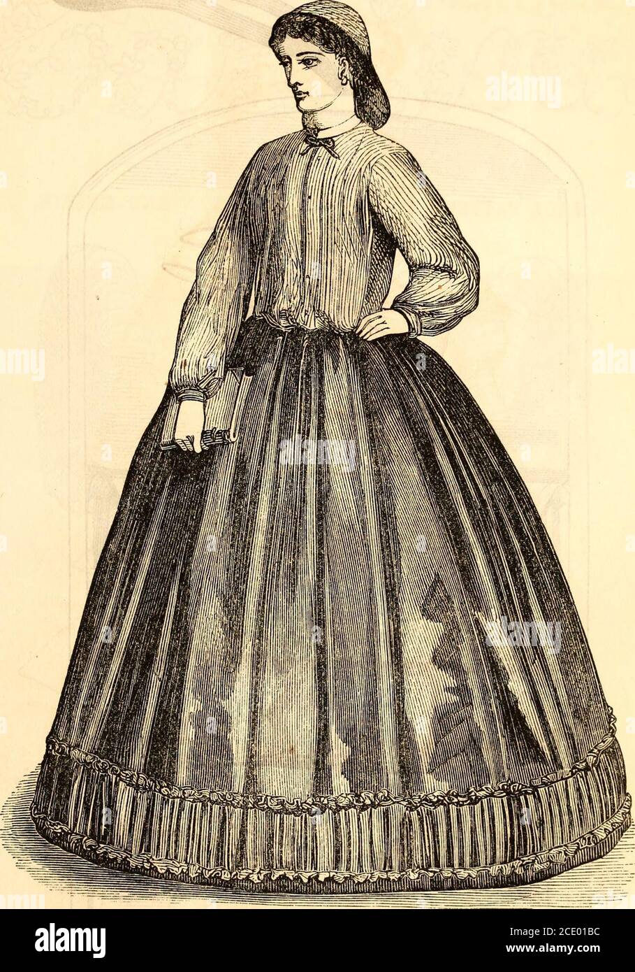 . Godey's lady's book . Dress and jacket of dark poplin, trimmed with black and red Braid. The jacket has a wideturned-down collar, scalloped at the edge. The jacket is fastened at top and opens towards thebottom ; it is close-fitting behind and over the hips, and behind falls a short skirt scalloped at theedge and ornamented with braid. The sleeve, open at the end, is scalloped and trimmed in thesame manner. J he skirt has four rows of braiding, with the scallops turned downwards in twoot them, and upwards in the others. A black silk sash, with numerous black and red loops. Acnemisette puffed Stock Photo