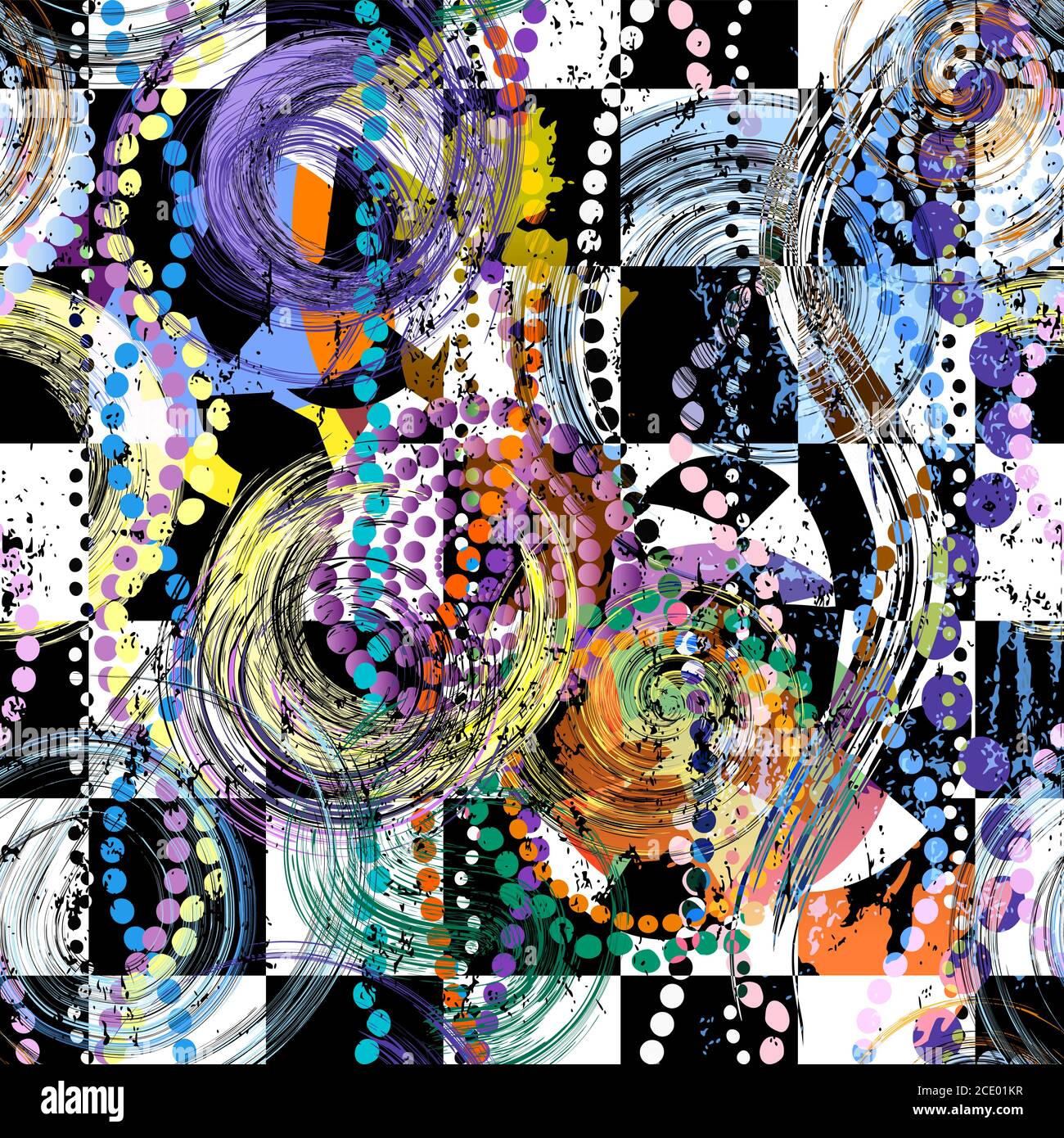 seamless background pattern, with circles/dots, strokes and splashes, on black and white Stock Vector