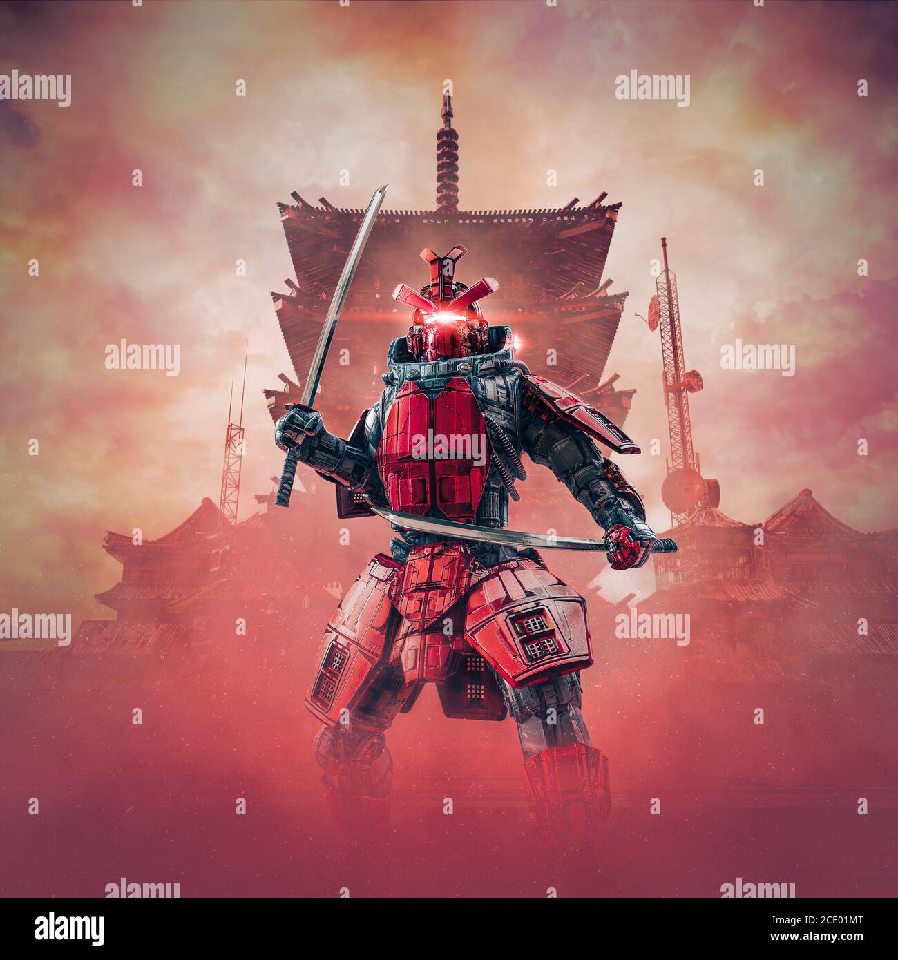 Cyborg samurai warrior / 3D illustration of science fiction cyberpunk armoured robot with katana swords with oriental buildings in background Stock Photo