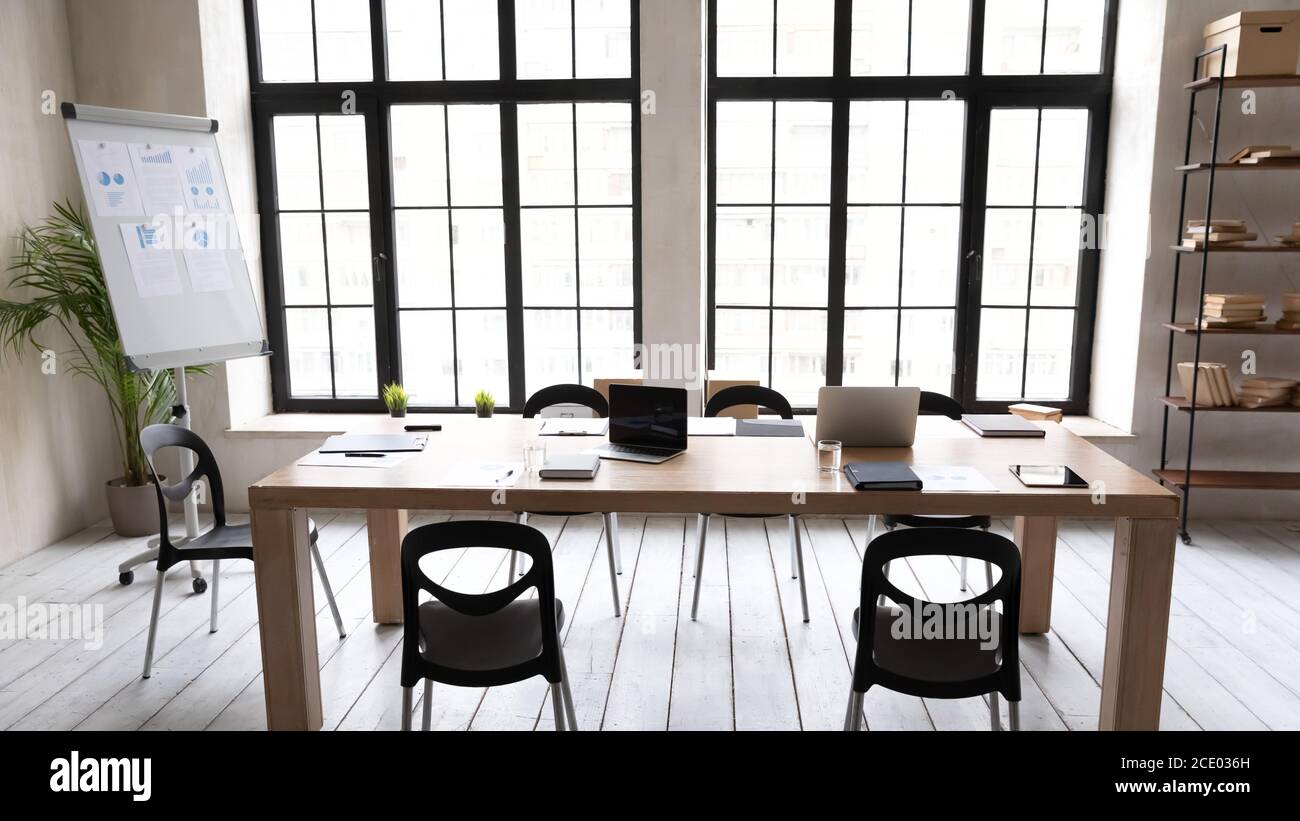 Modern empty office with huge panoramic windows interior. Stock Photo