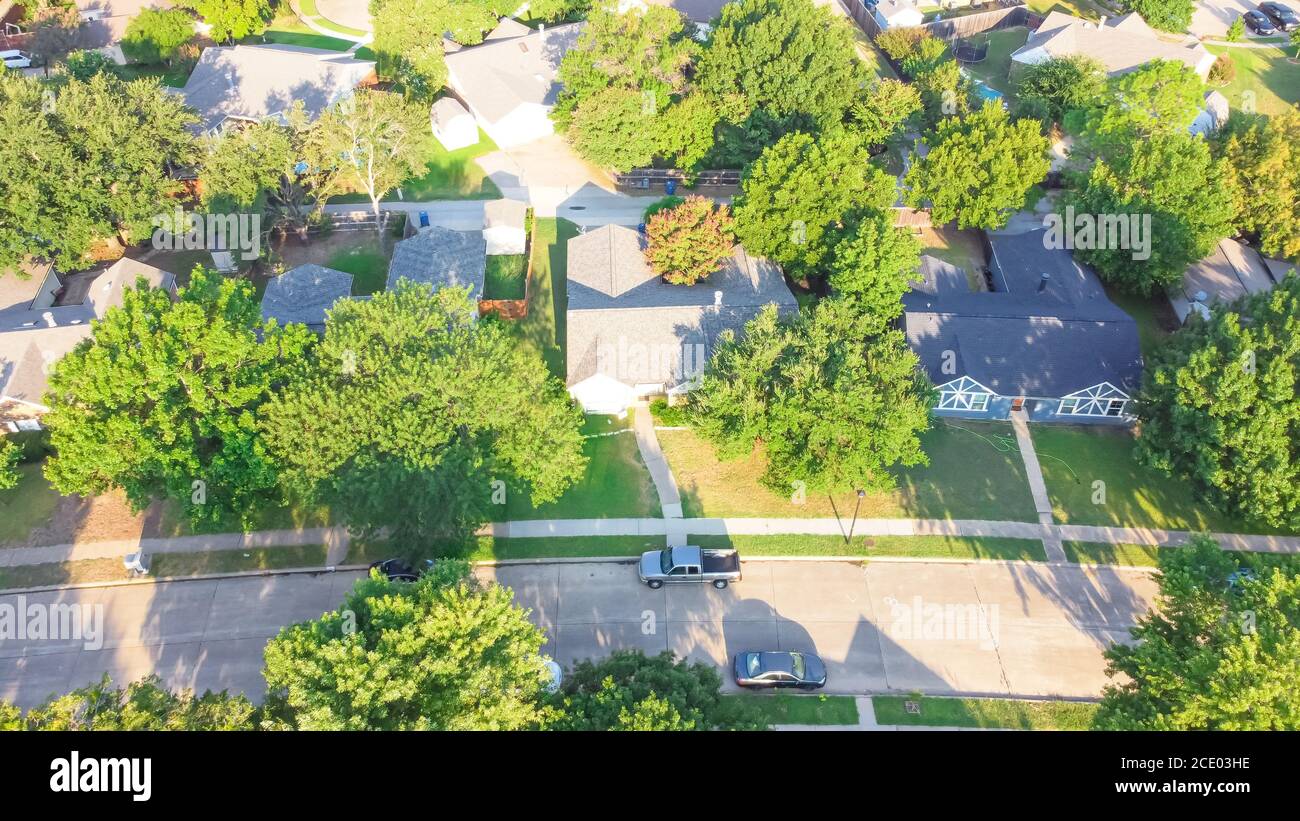 Bird eye view clean and peaceful neighborhood streets with row of