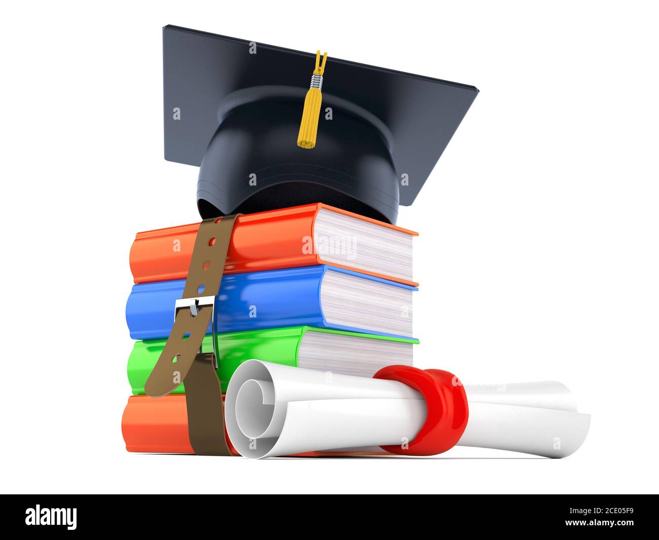 Stack of books with mortarboard isolated on white background Stock ...