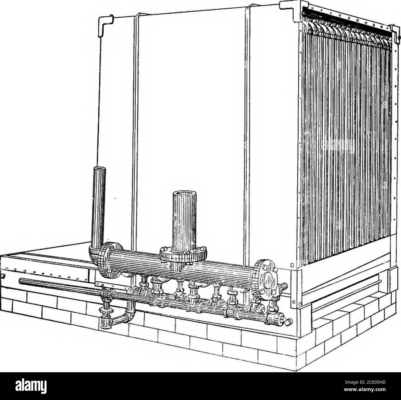 . Power, heating and ventilation ... a treatise for designing and constructing engineers, architects and students . A4 Fig. 150. Sectional Heater of American Blower Company. Heating Surface of Pipe Heaters.—The square feet of heatingsurface in a single row is obtained by multiplying the number ofpipes by the height in feet, and dividing by 3. This resultmultiplied by the number of rows will give the total heating sur-face in the heater. In the above, no account has been taken of thesurface in the base and pipe fittings; this amounts to approxi-mately 1 square foot for each foot in width of the Stock Photo
