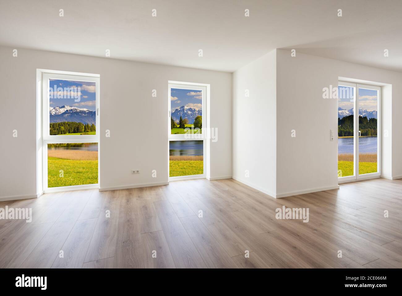 new built room with view through windows to nature Stock Photo