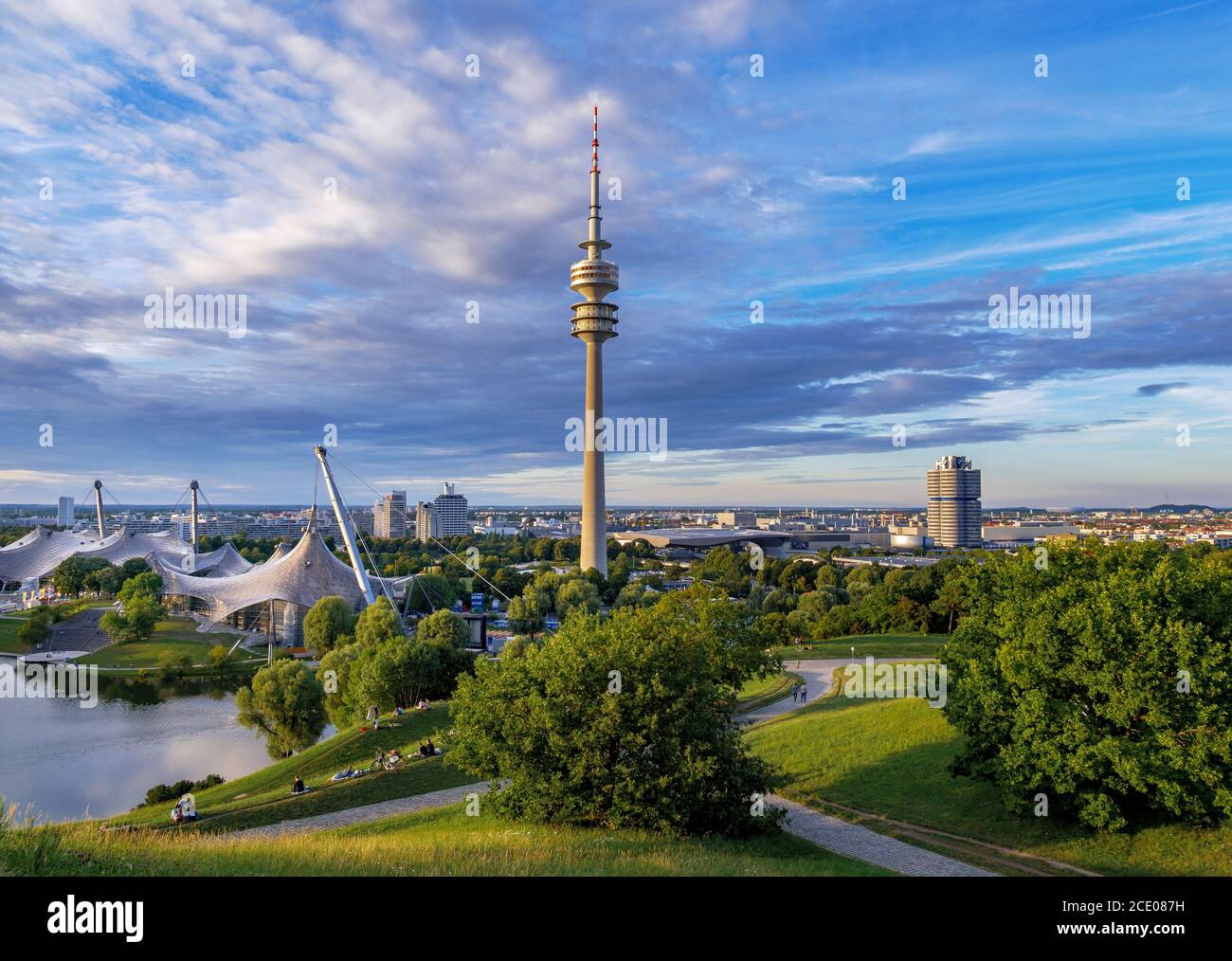 Olympic Area, park with olympic lake and television tower, Olympiaturm, Olympiapark, Munich, Upper Bavaria, Bavaria, Germany, Europe Stock Photo
