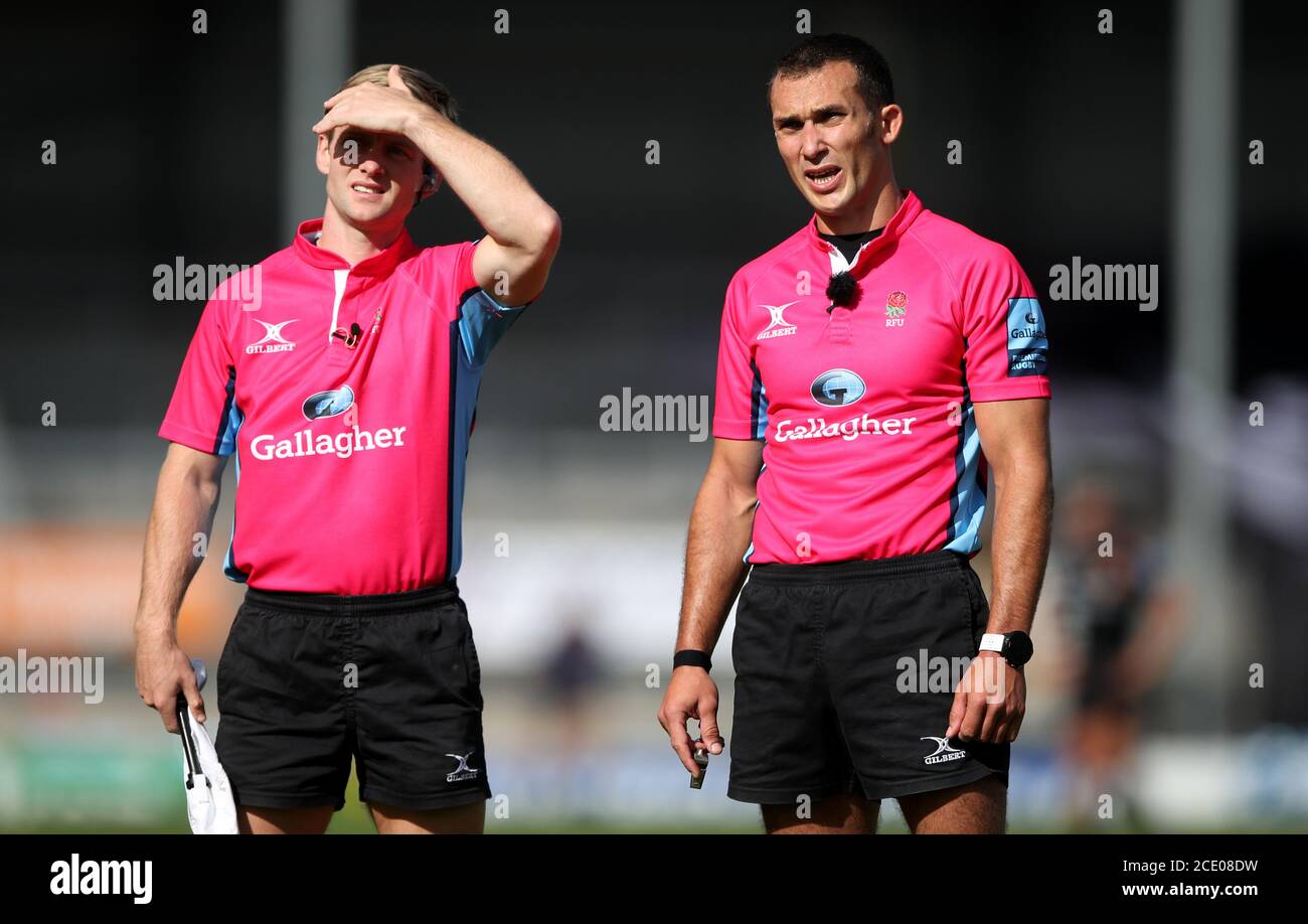 Referee Adam Leal (right) checks a TMO ruling during the Gallagher Premiership match at Sandy Park, Exeter. Stock Photo
