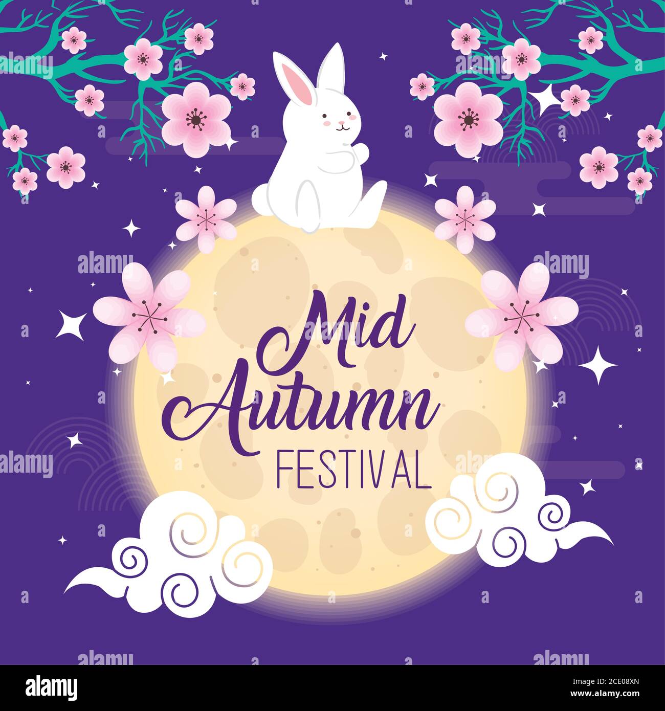 rabbit on moon with flowers of happy mid autumn festival vector design ...