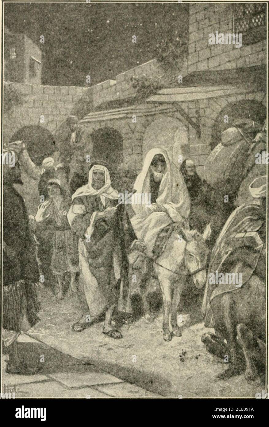 . Hurlbut's Life of Christ for young and old . Plowing in Bible time 53. They sought out the inn at Bethlehem but Joseph found within its walls noplace where his wife could rest after her long and wearisome ride. 54 Witt €m=^m in ?|i£( €tabh CHAPTER 7 FOR A FEW months after their marriage, Josephand Mary lived in their httle house at Nazareth.Joseph worked at his trade as a carpenter, whileMary cared for the home and carried the water for theneeds of the house from the well in the middle of thevillage; walking with her jar full of water on her head. One day Joseph came home and told his wife t Stock Photo