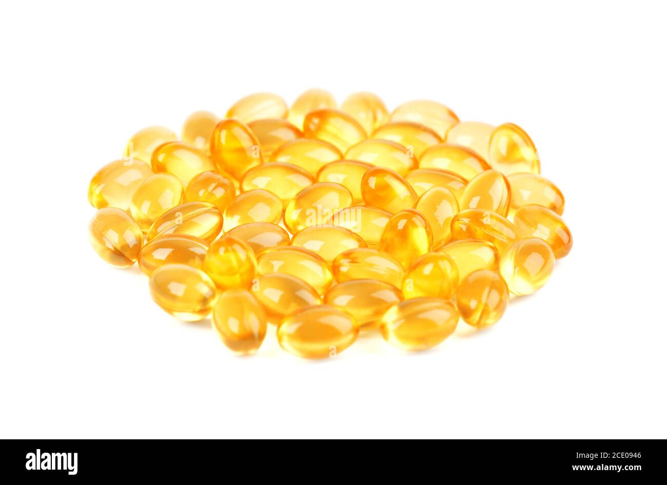 Fish oil pills. Cod liver oil omega 3 gel capsules isolated on white