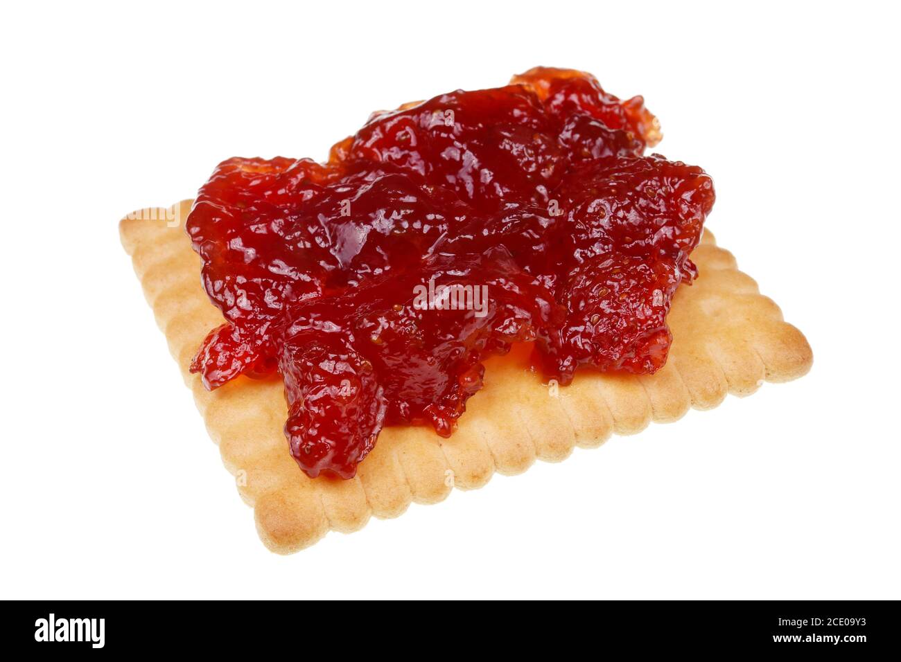 creamy wheat biscuits cookiewith strawberry jam  for a light morning breakfast  isolated macro Stock Photo