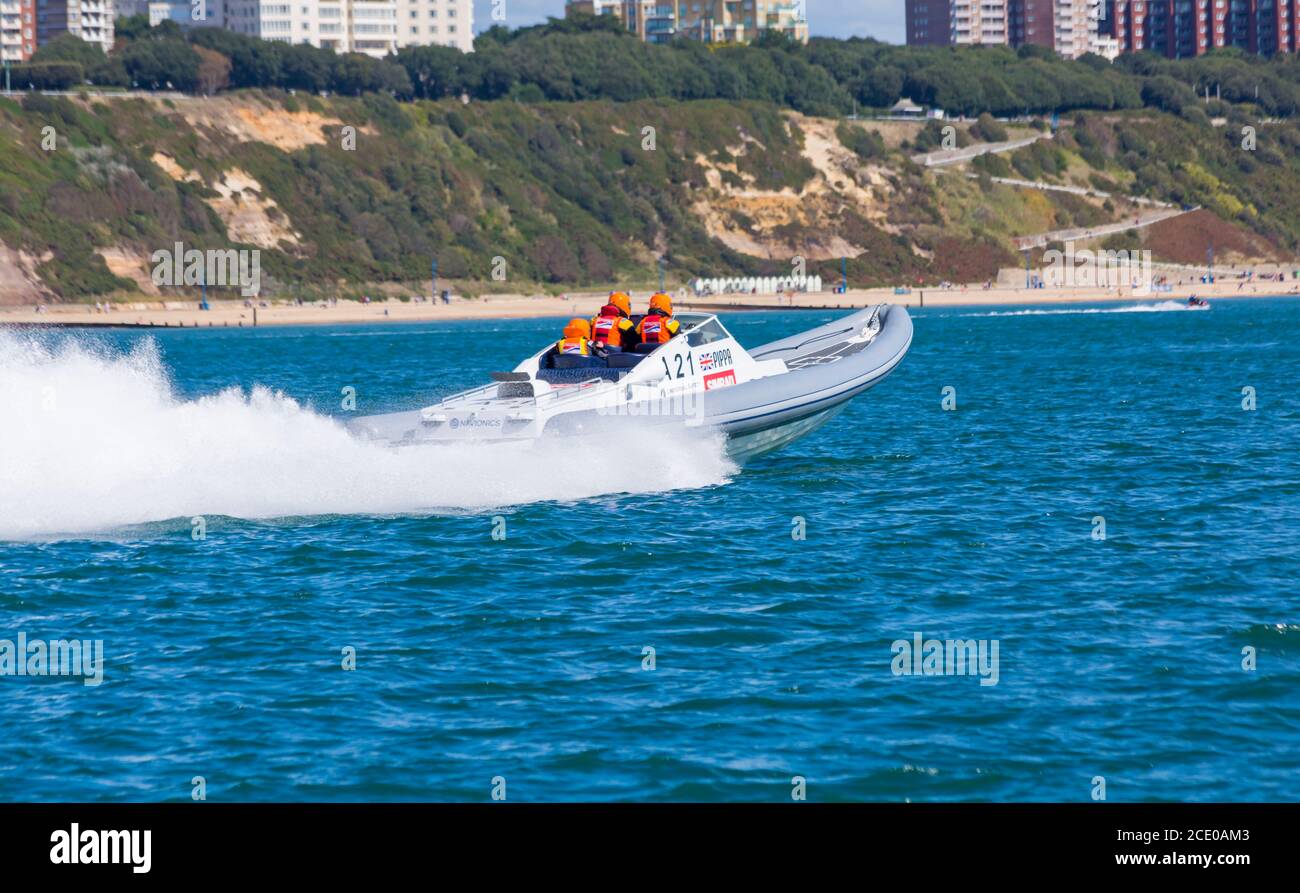 Bournemouth, Dorset, UK. 30th August 2020. 2020 Poole Bay 100 Offshore Powerboat Race. With so many events cancelled because of Covid-19, excitement returns to Bournemouth to see the thrills of the power boat racing around Poole Bay for the Round 1 UKOPRA World Championships - 2nd day. Credit: Carolyn Jenkins/Alamy Live News Stock Photo