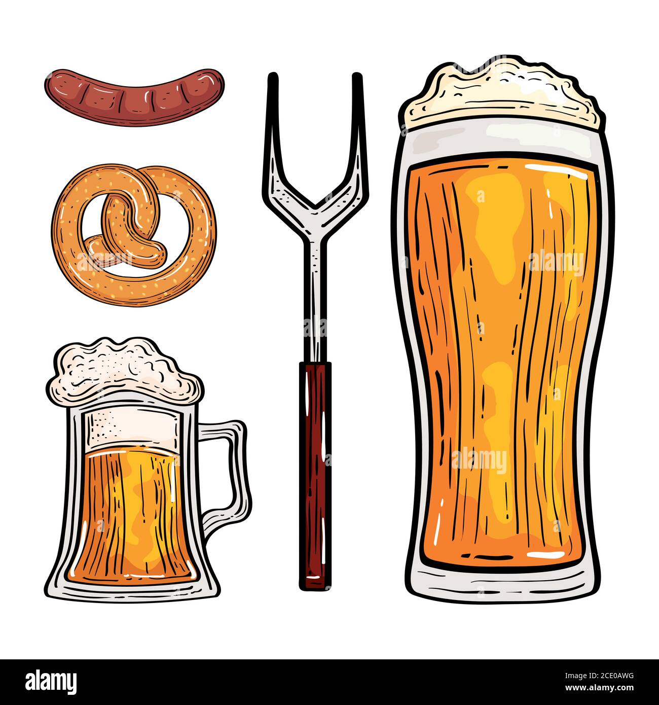 Oktoberfest beer glasses fork pretzel and sausage vector design Stock ...