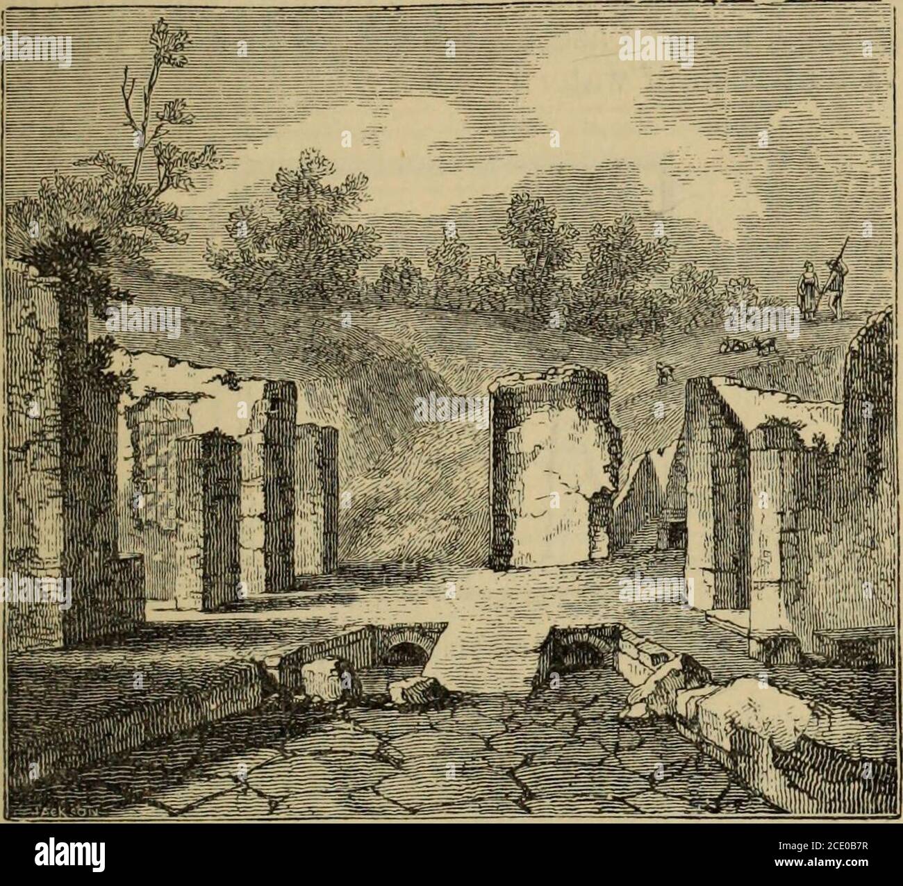 . Pompeii; its history, buildings and antiquities : an account of the destruction of the city, with a full description of the remains, and of the recent excavations and also an itinerary for visitors . overing one, of which lie has given a drawing.His description is not very precise or satisfactory, and there-fore, before attempting to explain the view, we will translatehis words as literally as possible : I have here representedone of the principal sewers (egouts) of the city. The drain-age of several streets converging to this point, there wereopened for it two passages communicating with an Stock Photo