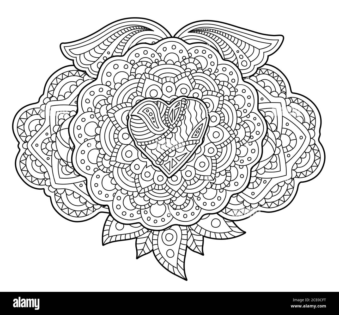 Adult coloring book page with beautiful art with decorative heart shape and wings on white background Stock Vector