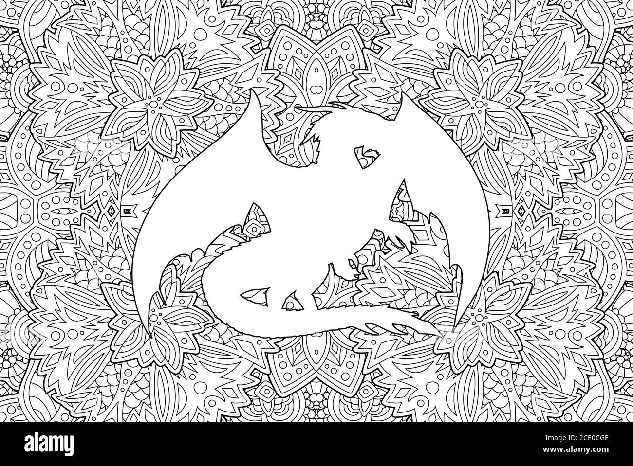 Beautiful coloring book page with dragon silhouette on detailed abstract background Stock Vector