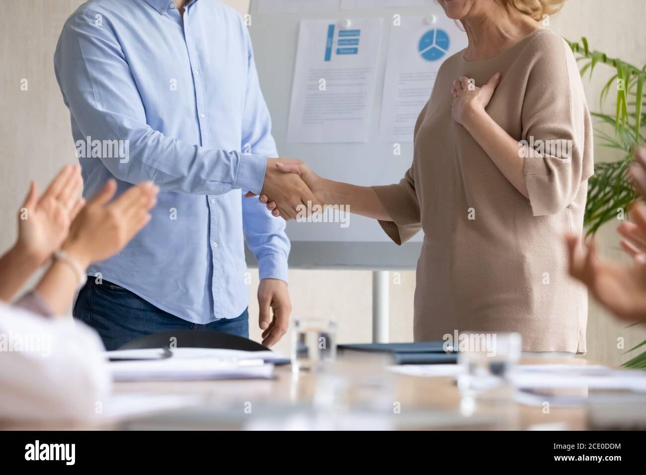 Young businessman shaking hands with older senior employee. Stock Photo