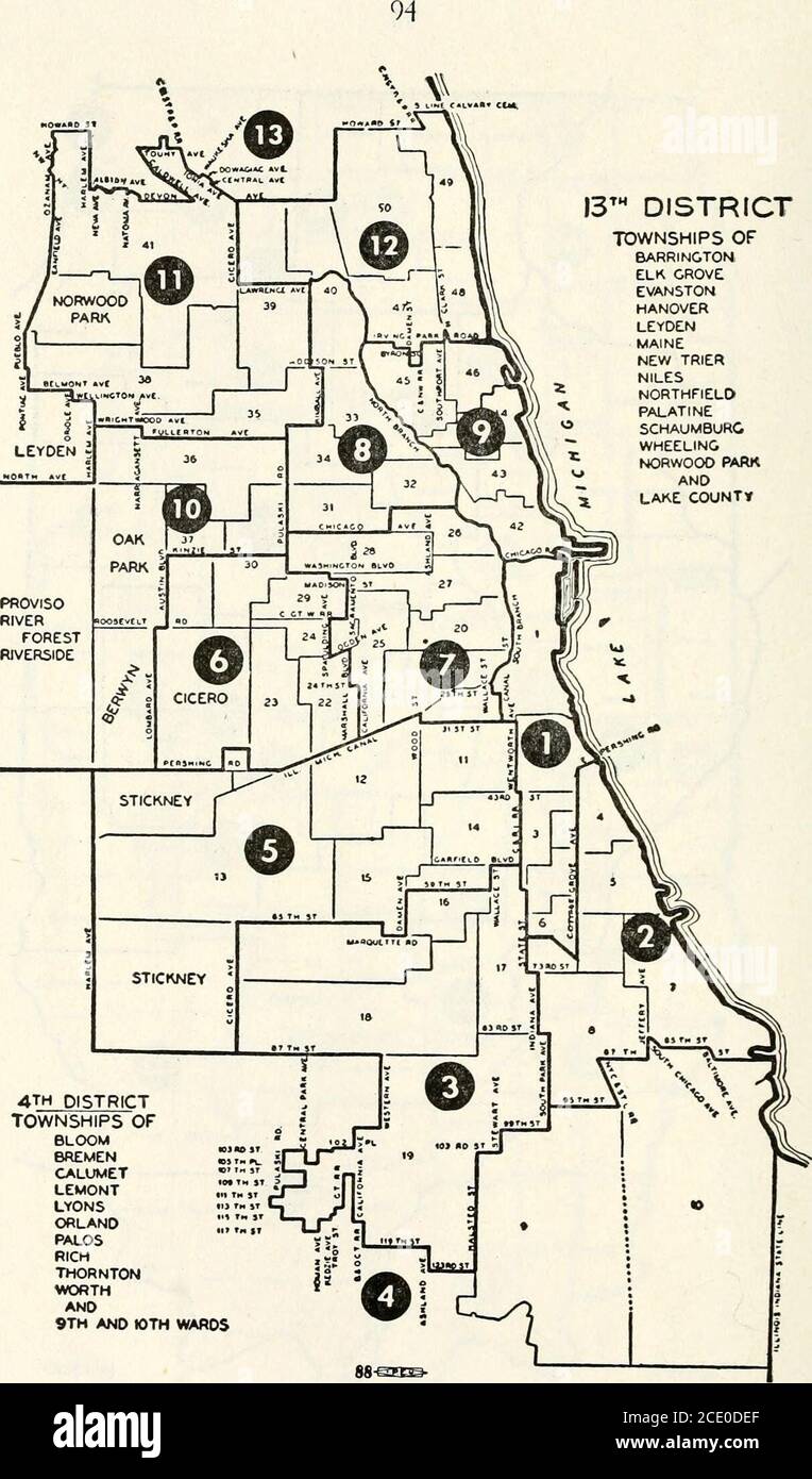 . Official vote of the State of Illinois cast at the general election ..., judicial elections..., primary elections.. . Congressional Districts in Illinois(1951 Act) DISTRICT TOWNSHIPS OF BARRINGTON ELK GROVE EVANSTON HANOVER LEYDEN MAINE NEW TRIER NILES NORTHFIELO PALATINE SCHAUMBURG WHEELING NORWOOD PARK ANDLAKE COUNTY. 4TH DISTRICTTOWNSHIPS OF BLOOM BREMEN CALUMET LEMONT LYONS ORLAND PALOS RICH THORNTON WORTHAND 9TH AND JOTH WARDS Congressional Districts in Cook County(1951 Act) 95 Stock Photo