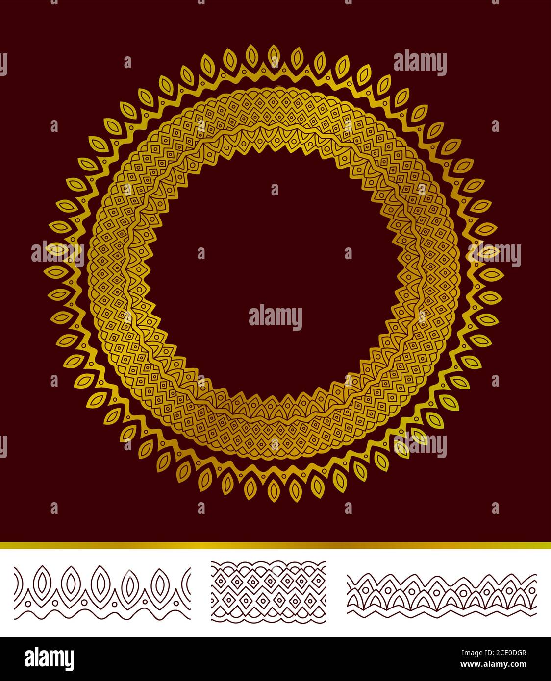 Beautiful abstract round golden pattern on brown background and three different brushes Stock Vector