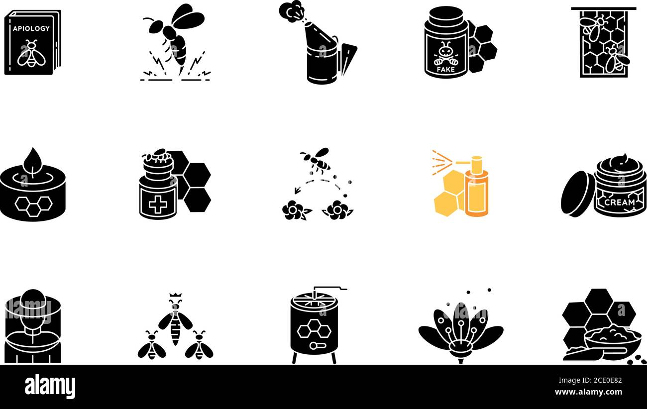 Beekeeping black glyph icons set on white space Stock Vector