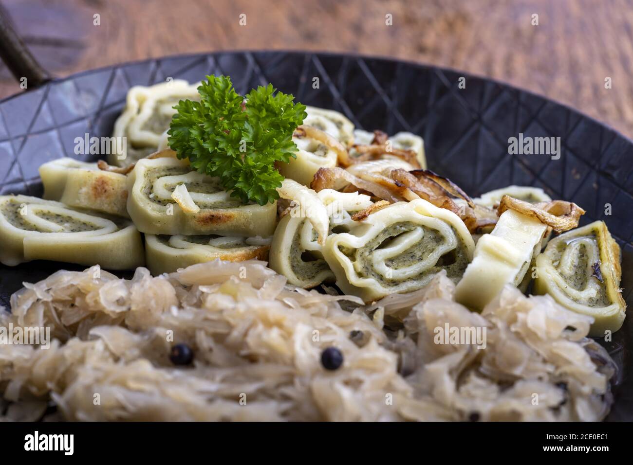 Bavarian Maultaschen in a pan Stock Photo