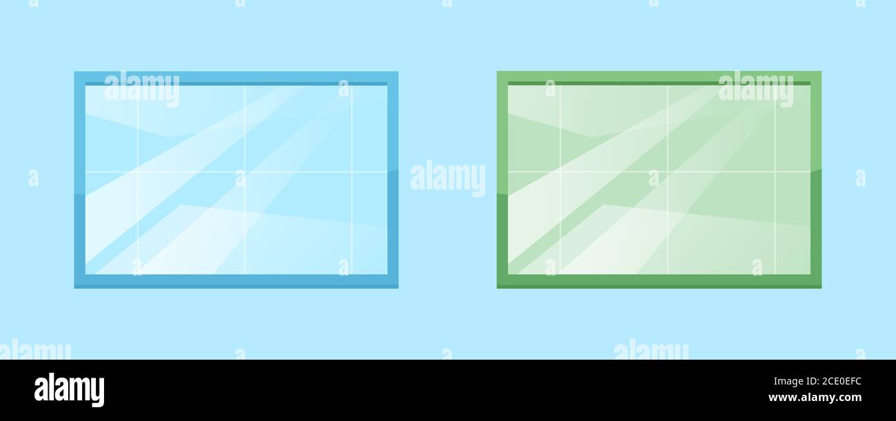 Blue and green windows semi flat RGB color vector illustration set ...