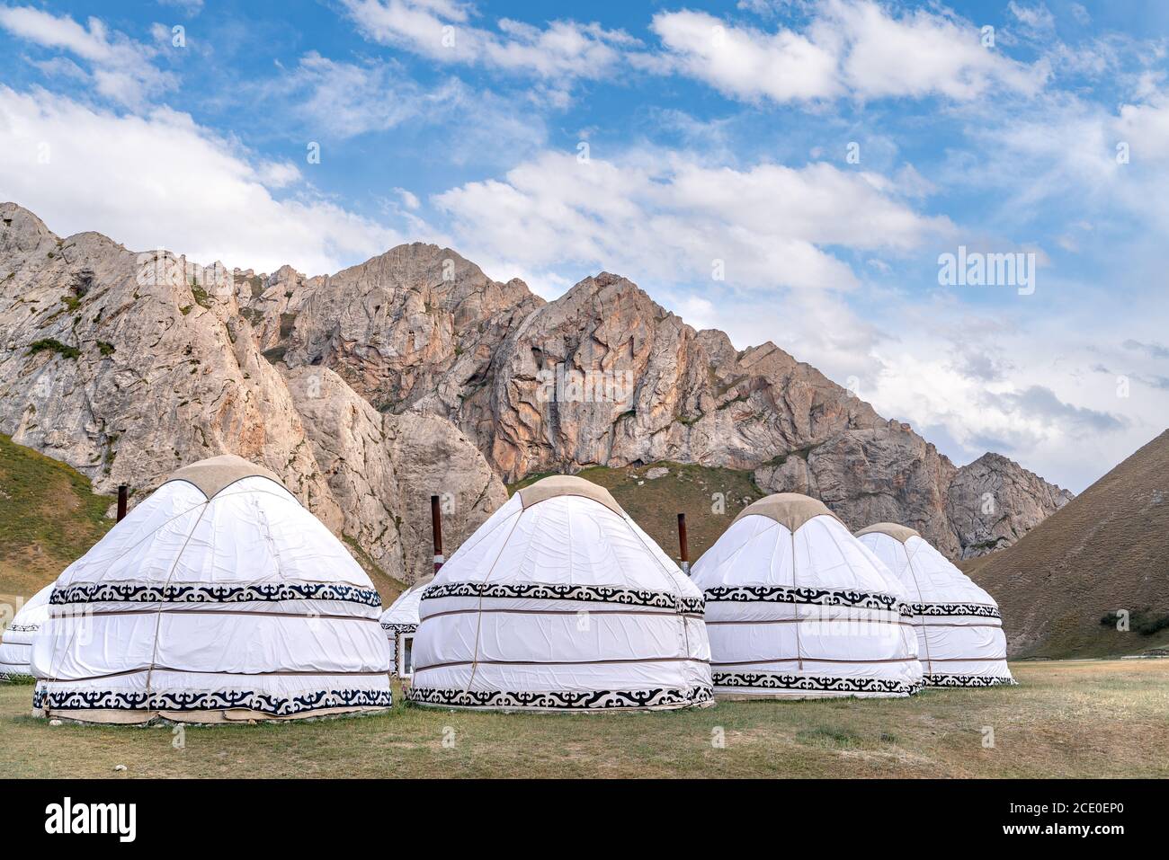 The view of yurts nomad village in Tash-Rabat in Kyrgyzstan Stock Photo