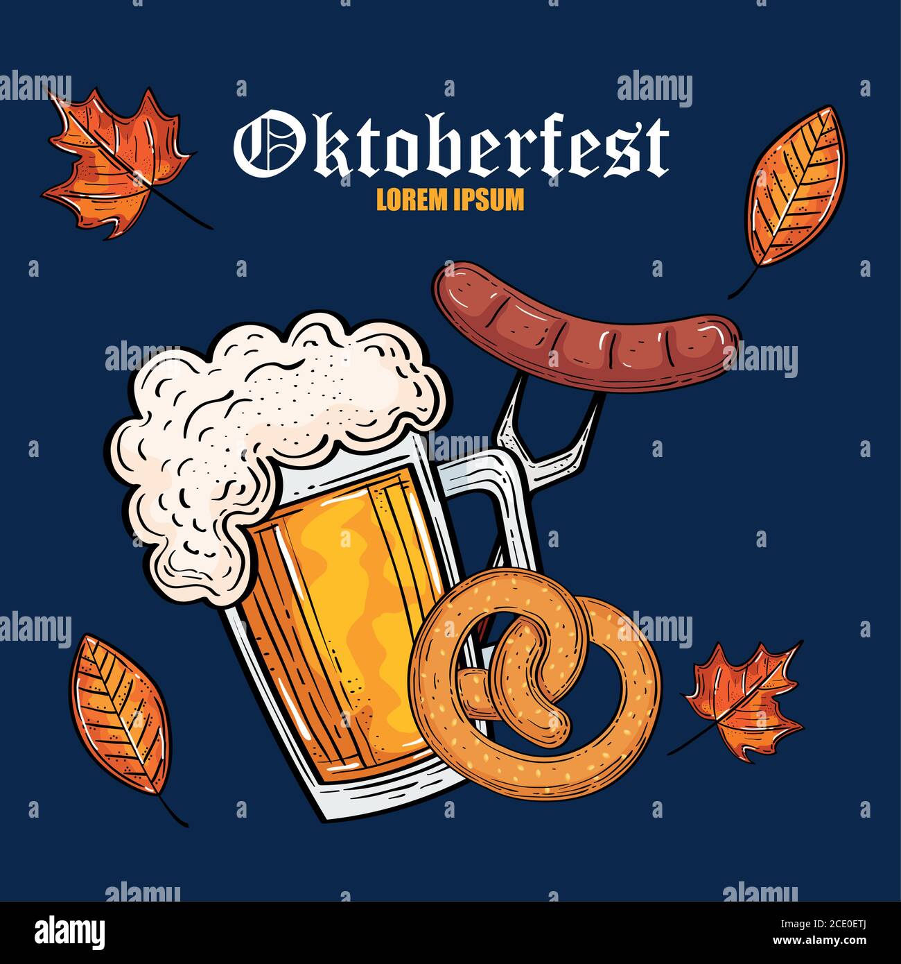 Oktoberfest beer glass pretzel and sausage on fork vector design Stock ...