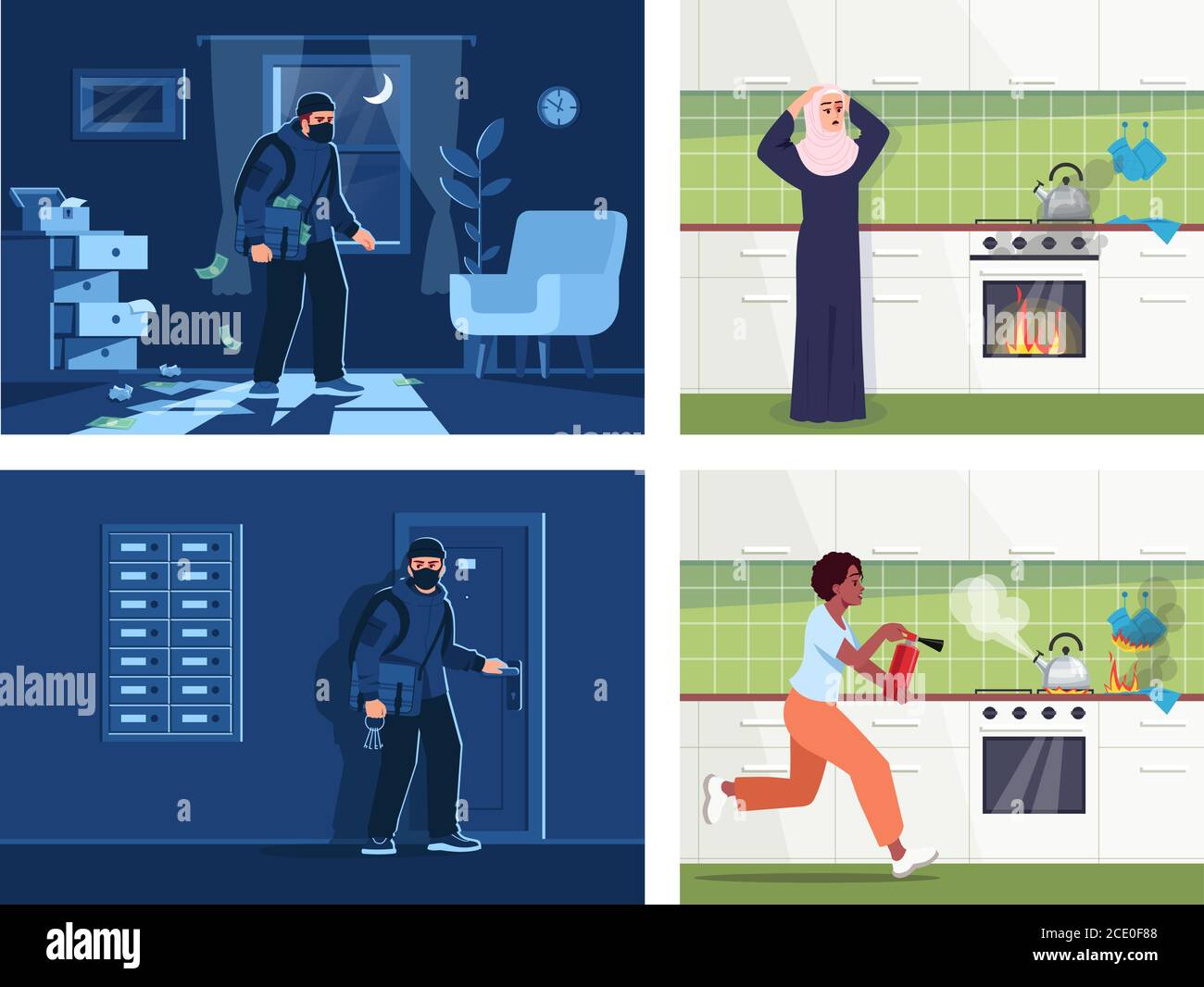 Homeplace accidents semi flat vector illustration set Stock Vector
