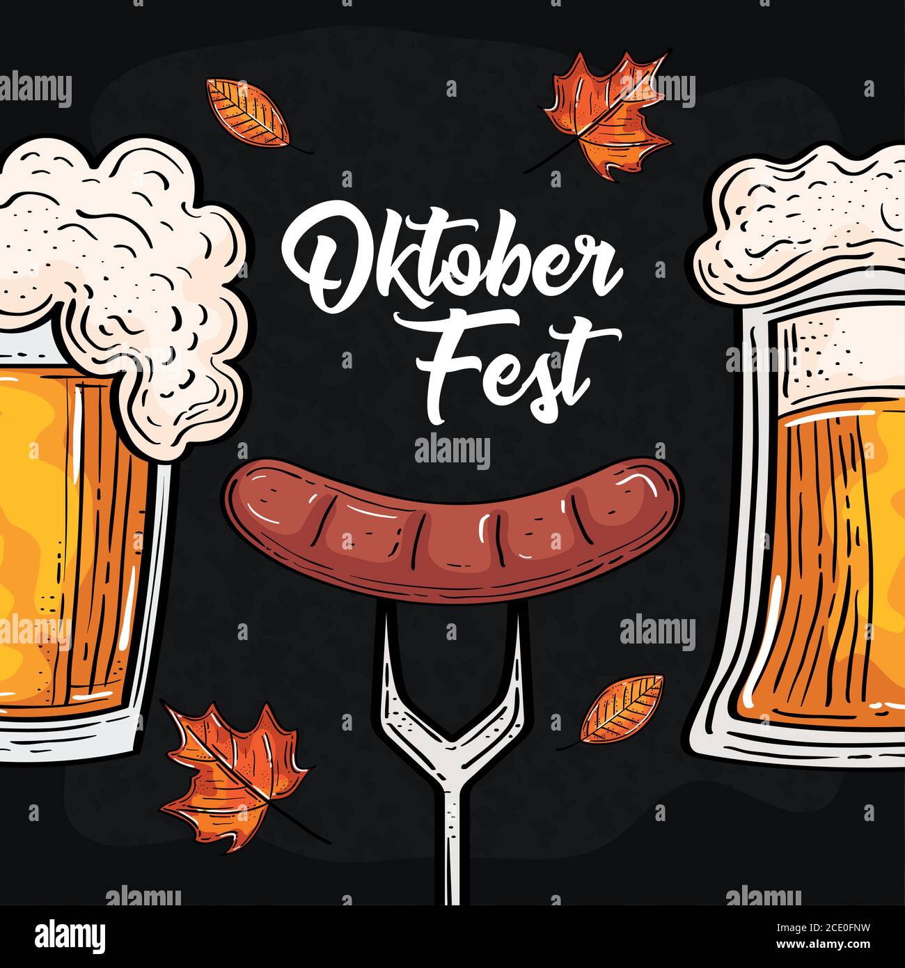 Oktoberfest beer glasses and sausage on fork with leaves vector design ...