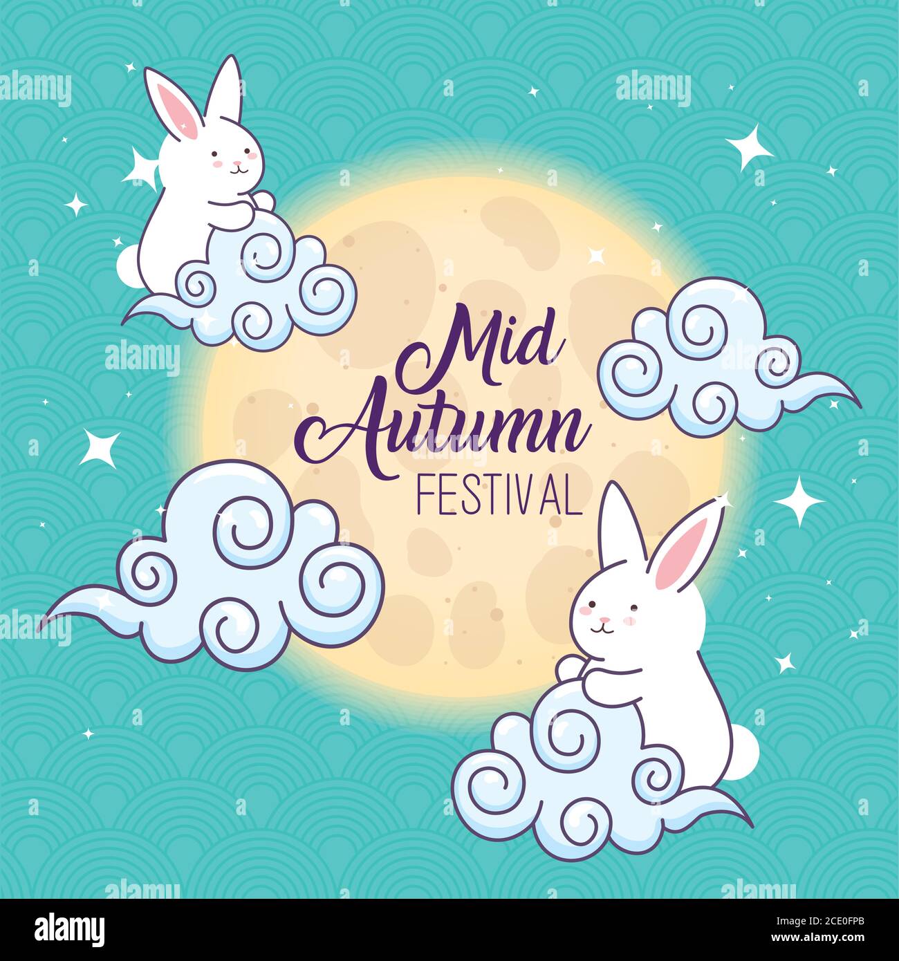 rabbits with moon and clouds of happy mid autumn festival vector design ...