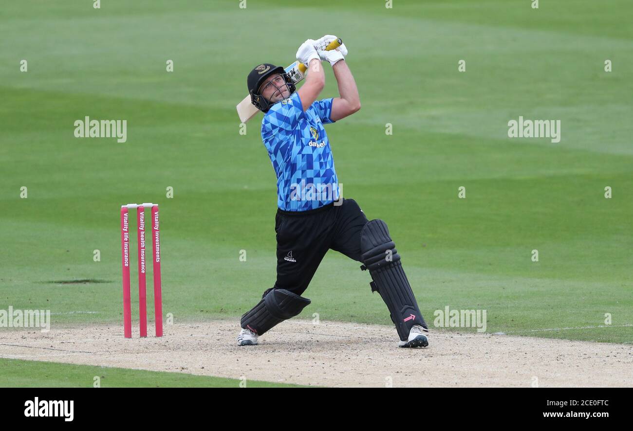 Hove, UK. 30th Aug, 2020. Sussex's Luke Wright batting during the Vitality Blast T20 match between Sussex Sharks and Hampshire at The 1st Central County Ground, Hove Credit: James Boardman/Alamy Live News Stock Photo