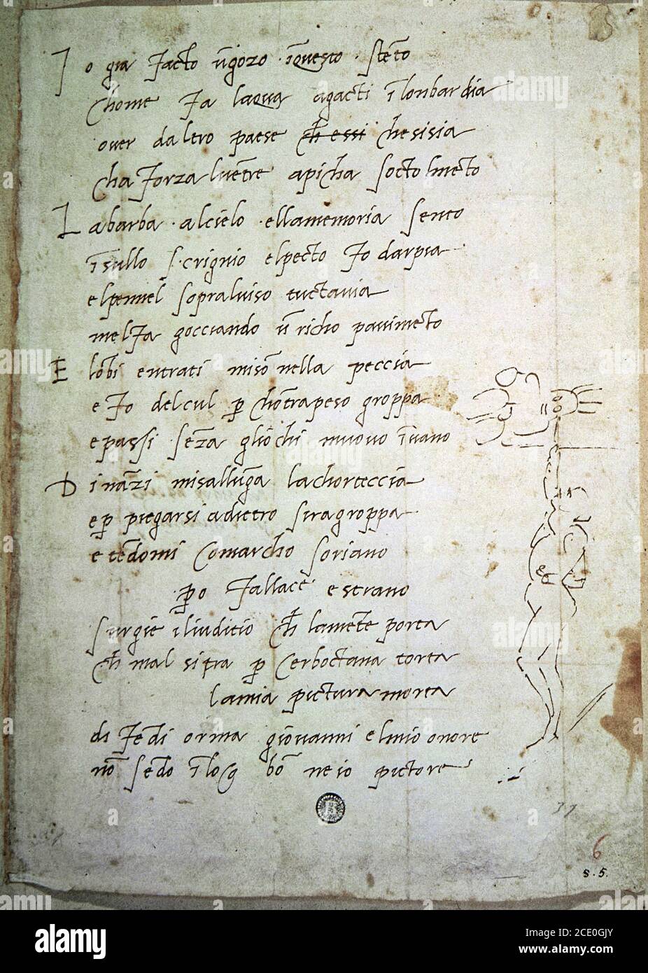 Michelangelo Buonarroti - A sonnet on the labors at the vault of the Sistine Chapel, copied in beautiful form and with an autographed sketch Stock Photo