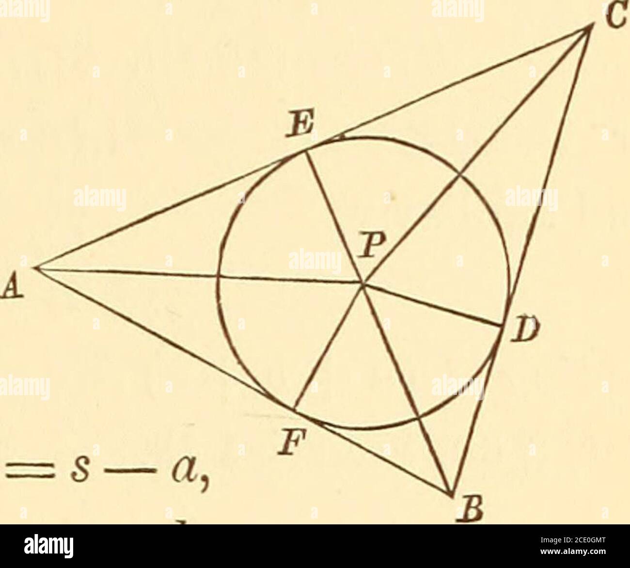 . Elements of plane and spherical trigonometry . is drawn perpendicular to BC, cutting CKin L ; show that a j-   ab sin Ca--b cos C 57. Two circles, whose centres are at a distance of 76 from eachother, lie in the same plane but do not intersect. Their externalcommon tangent meets the line of centres produced at an angleof 15°, and their internal common tangent meets the same line atan angle of 37°. Find the radii of the circles. Generalize theproblem. 58. Two circles, whose radii are 53 and 31, and the line joiningwhose centres is 72, are tangent to a third circle whose radius is 92.Find the Stock Photo