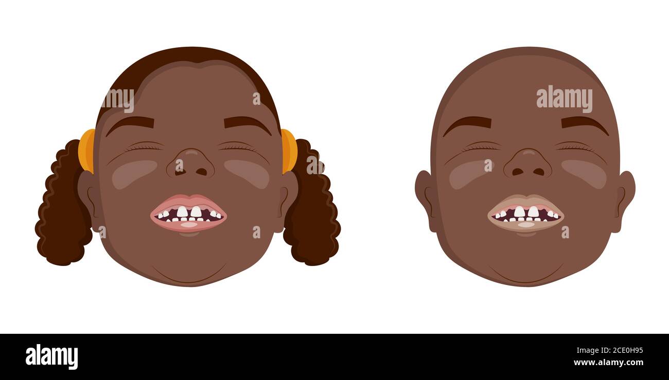 African toothless boys and girls smiling, fallen milk teeth, vector illustration. Stock Vector