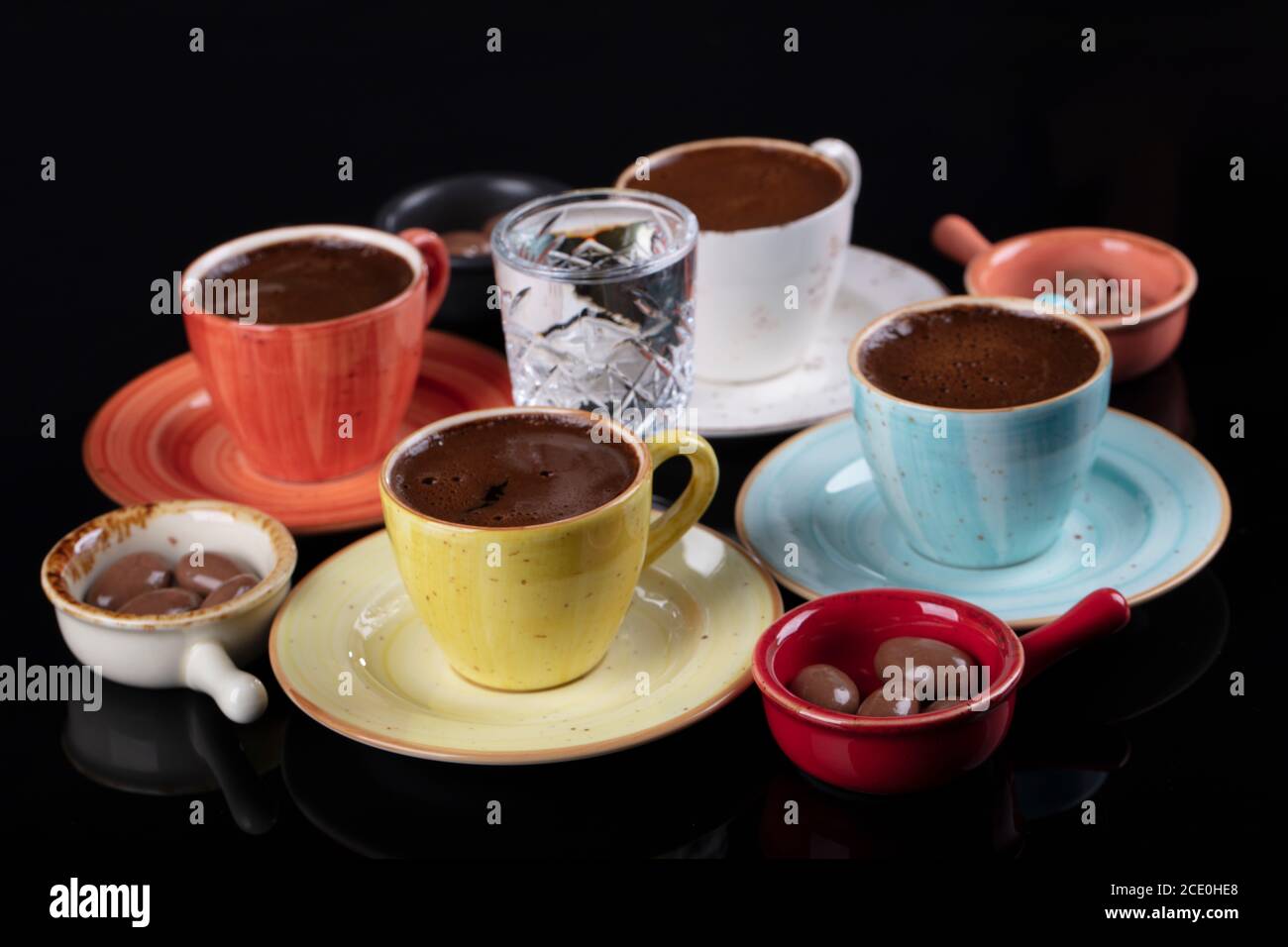 Traditional Turkish Coffee. Turkish coffee cup set isolated on black