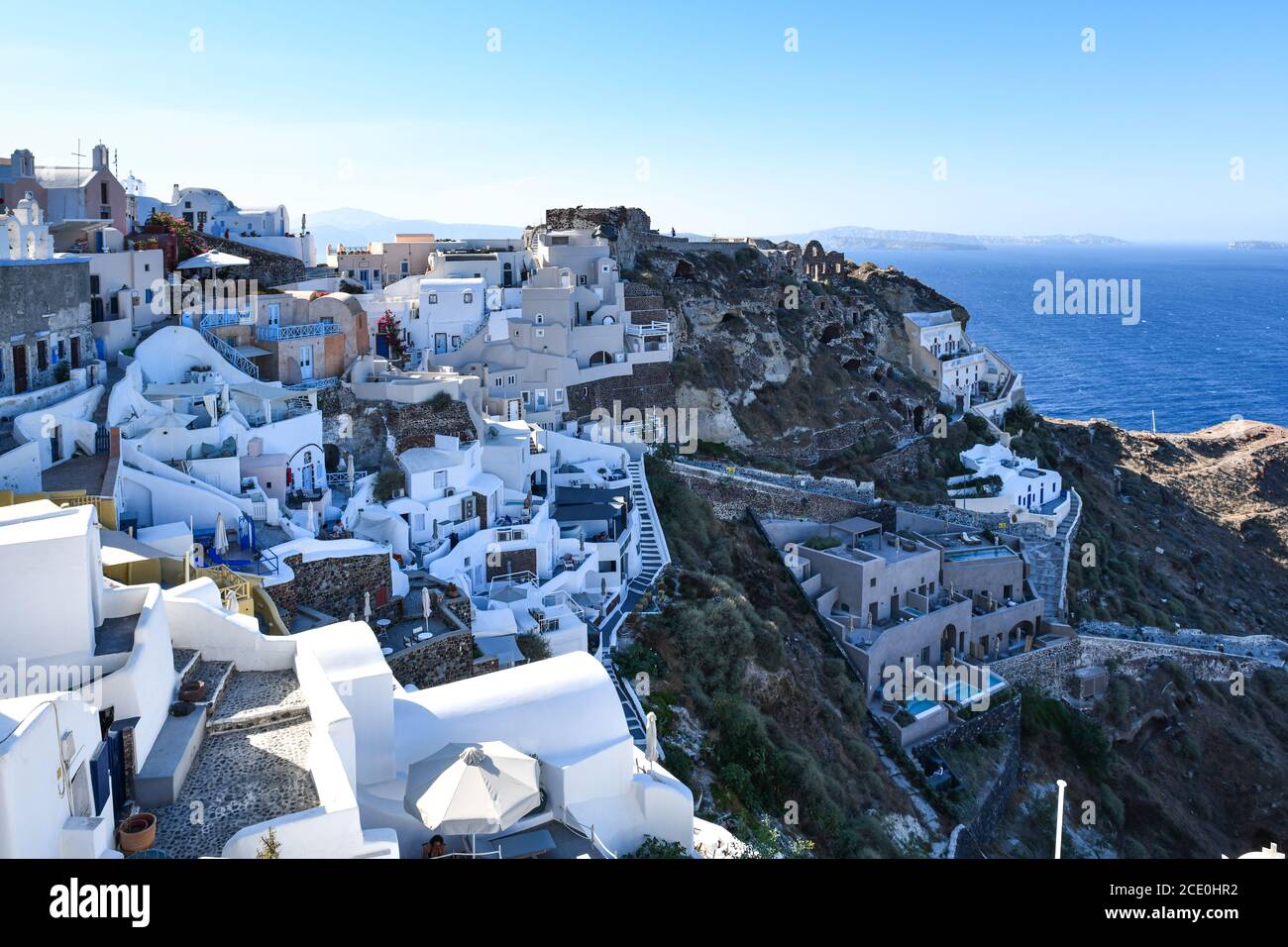 Santorini and its white houses with blue roofs Stock Photo