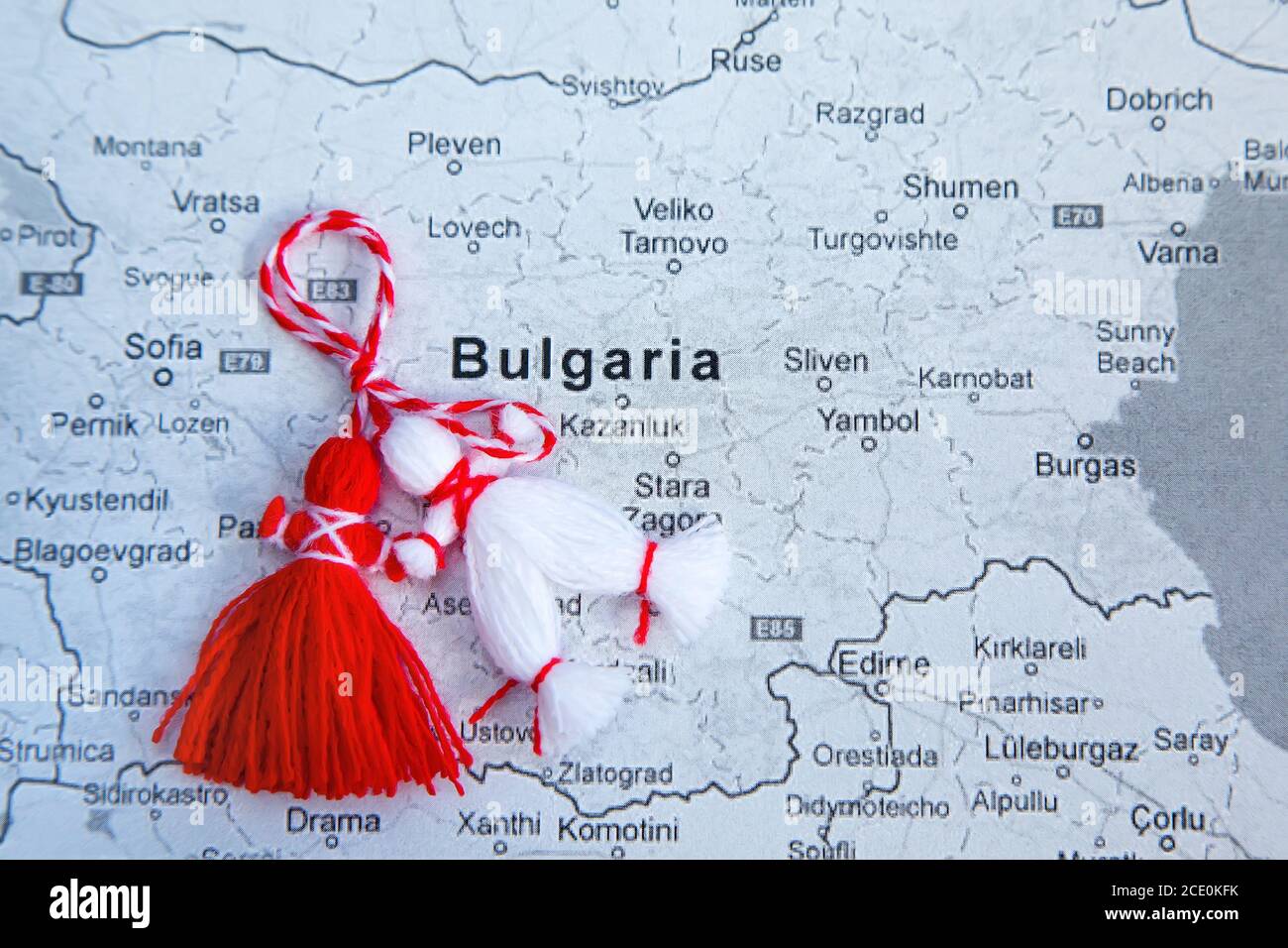 Bulgarian Martenitsa and map of Bulgaria Stock Photo