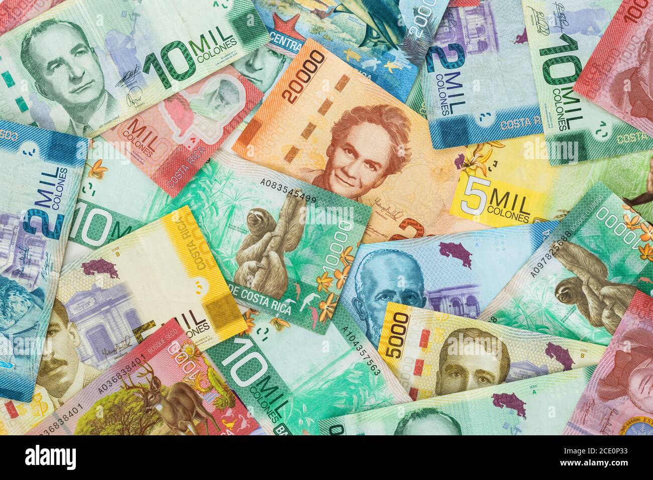 Costa Rica money. All denominations, paper banknotes, scattered on the ...