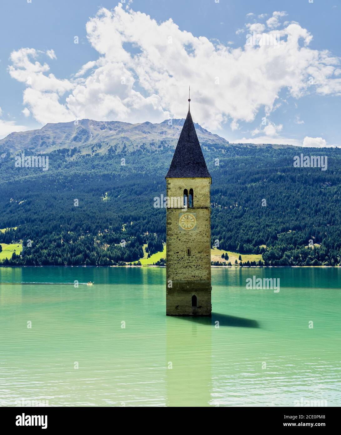 The famous bell tower in the Lake of Reschen - Lago di Resia in South Tyrol, Italy. During WW2 a dam was build and put the village under water, only t Stock Photo