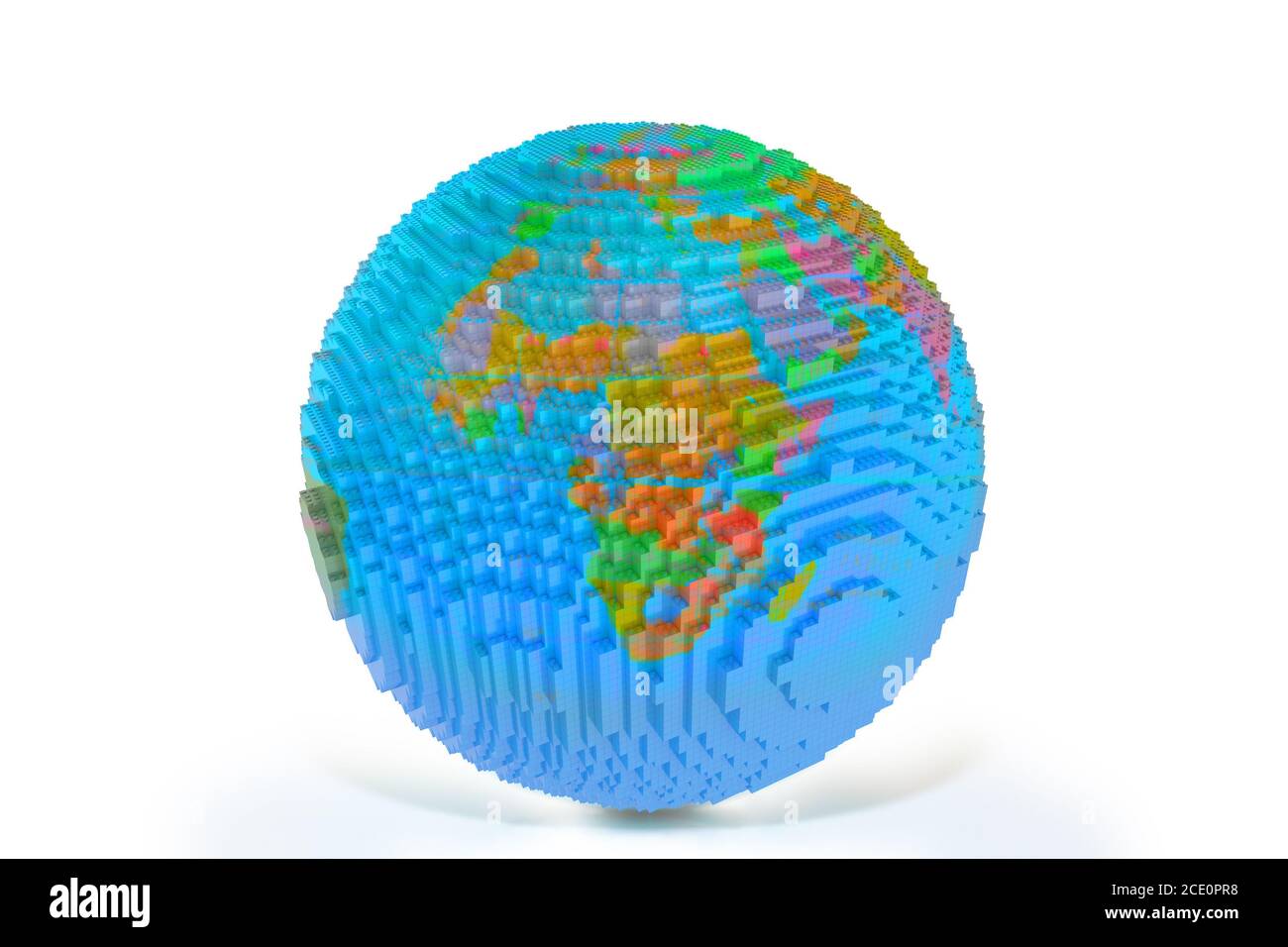 world globe isolated on white background, made of plastic construction bricks. European and African face of the planet earth. 3D rendering. Stock Photo
